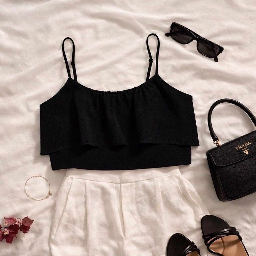 Black Ruffle Crop Top Cami Strappy Fitted Coquette Going Out Y2K Minimalist CBK - Picture 1 of 4